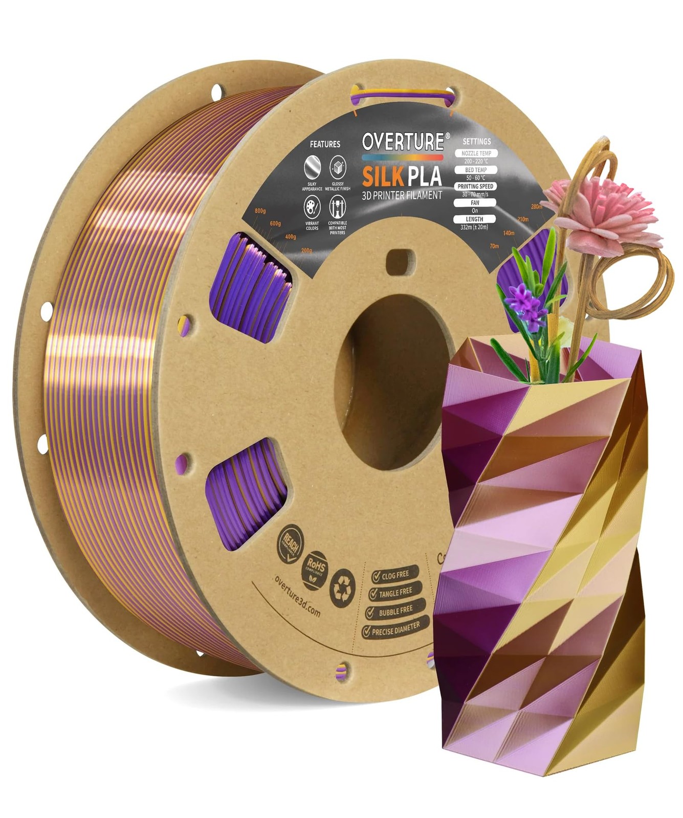 Silk PLA Dual Color Filament 1.75mm 1kg 2lb Bi Shiny Finish OVERTURE