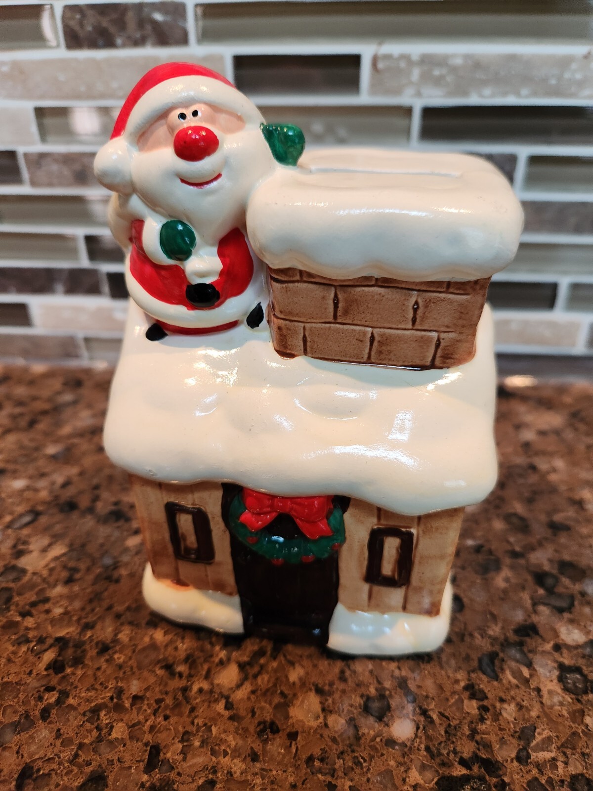 VINTAGE SPENCERS SANTA ON HOUSE AND CHIMNEY COIN BANK Made In Japan