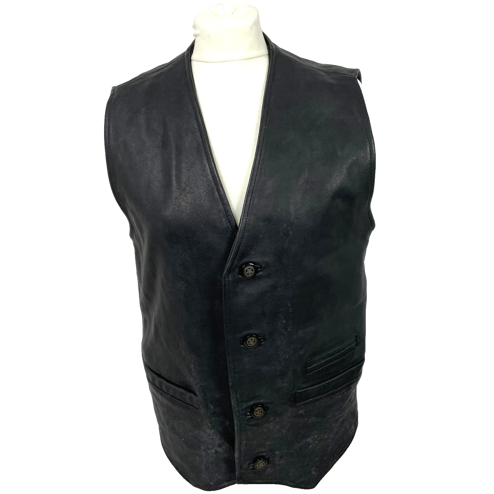 Genuine Leather Bikers Waistcoat Men's Button Up 38" Chest Black