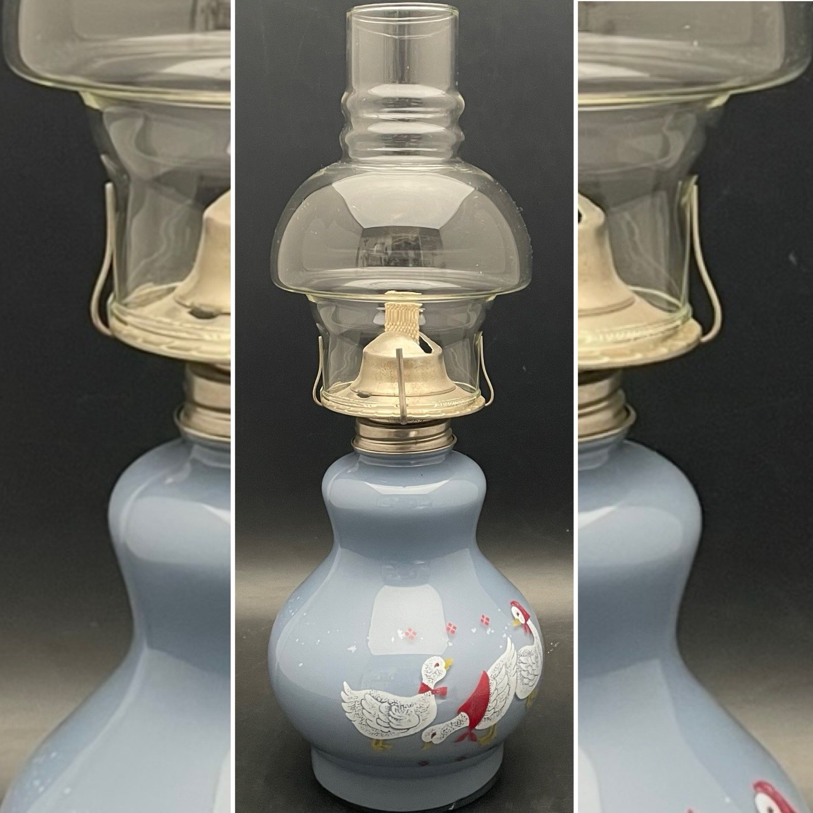 Kaadan Ltd Ducks/Geese Blue Hurricane Oil Lamp 1980 Made in USA 14.25" tall