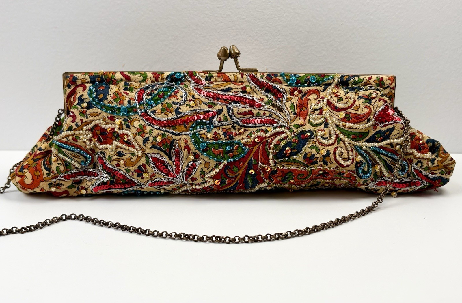 Vintage Beaded Sequined Clutch Purse Bronze Clasp Chain Strap