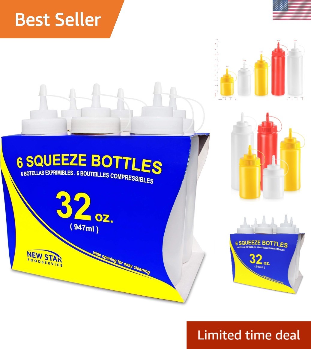 Pack of 6 BPA Free 32 oz Clear Squeeze Bottles - Wide Mouth for Easy Filling