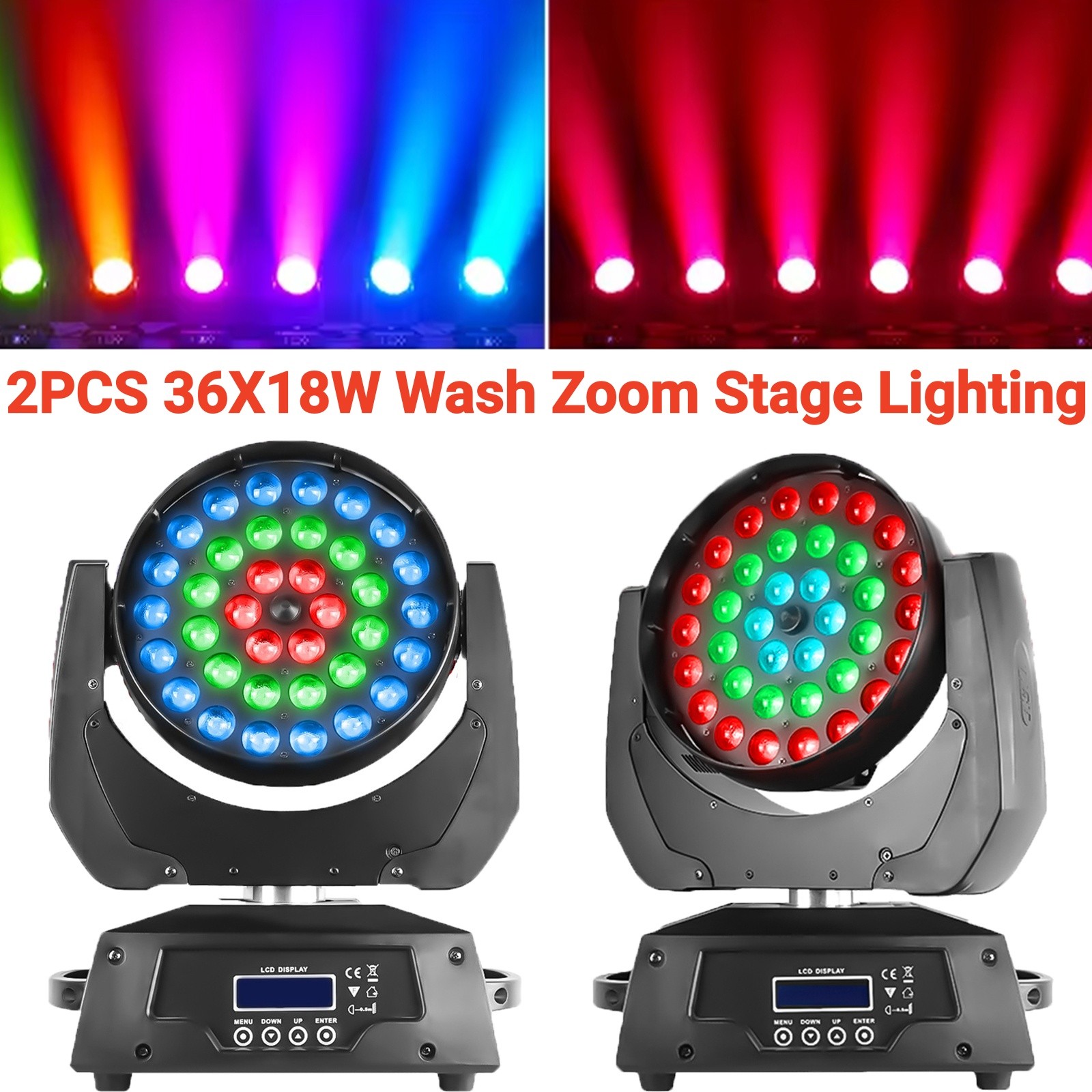 2PCS 648W RGBWA+UV Wash Zoom Moving Head Light 36x18W LED DMX Stage Lighting DJ