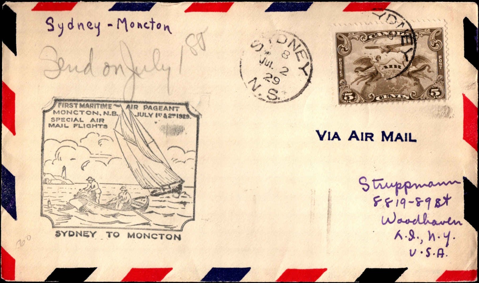 Canada 1929 Sydney–Moncton Maritime Air Pageant First Flight Cover