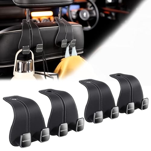  Wide Purse Hook for Car, Twin Hook Leather Car Headrest Hangers, Black-4PCS