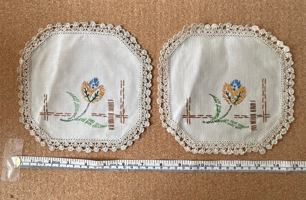 Pair of Vintage Handmade Embroidered Doilies cottage core - 18 cm OCTAGONAL