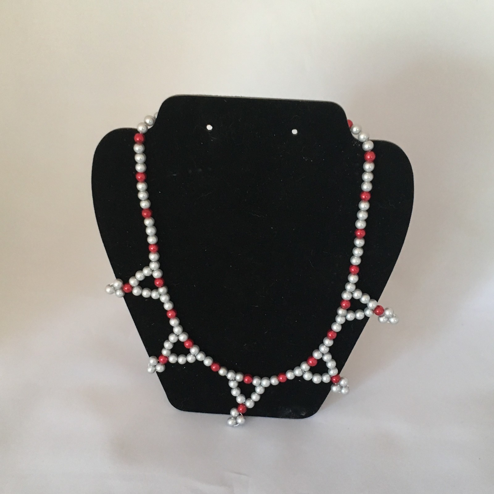 Handmade Light Gray & Red Glass Pearl Beaded Necklace