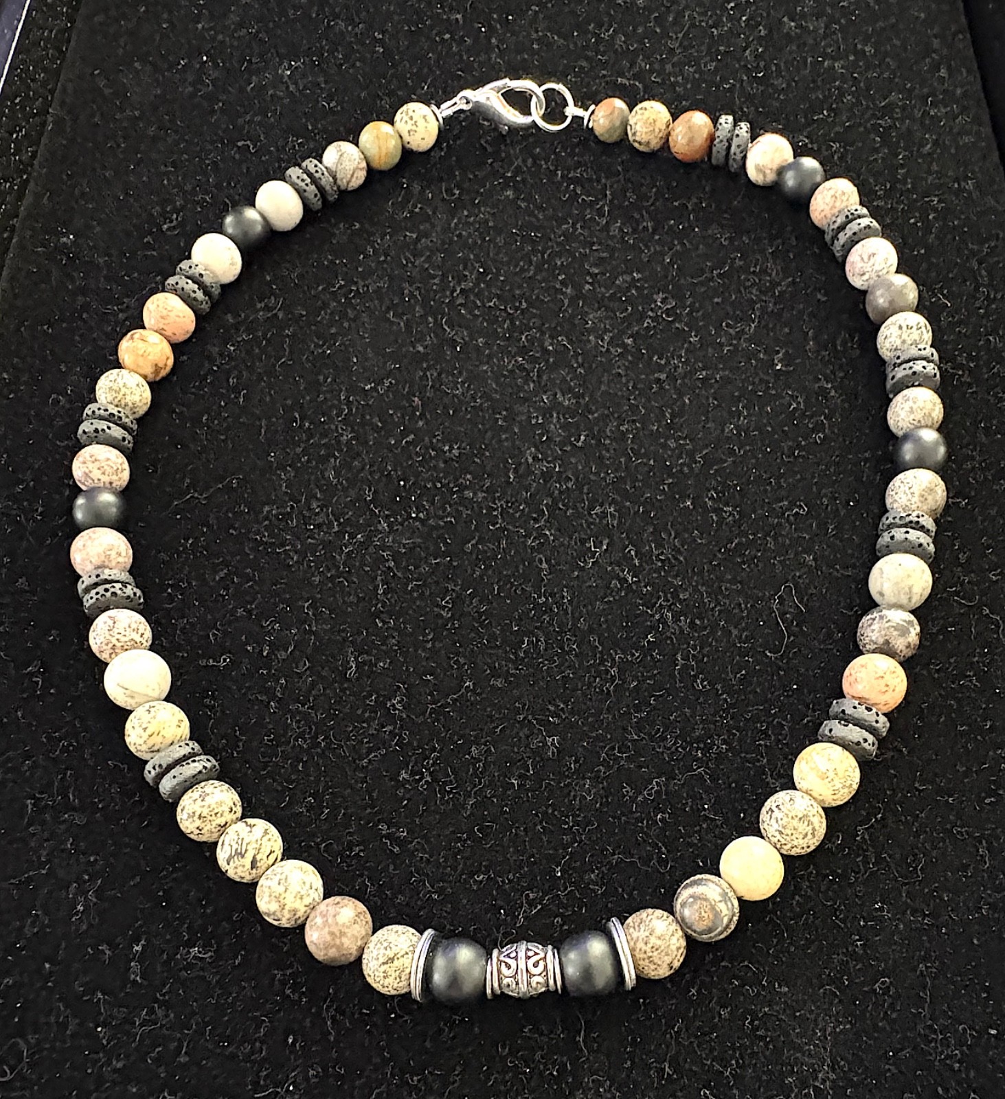 18" Picasso Jasper, Lava Stone & Black Matte Onyx Gemstone Necklace