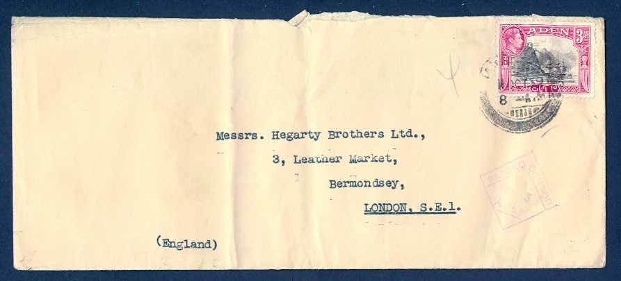 ADEN 1939 CENSORED KGVI 3A's TO UK