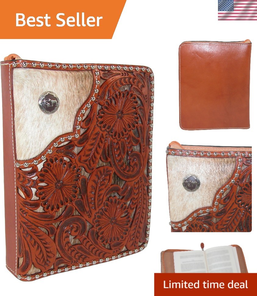Leather Bible Cover Floral Hand-Tooled Leather Antique Brown Zipper Closure
