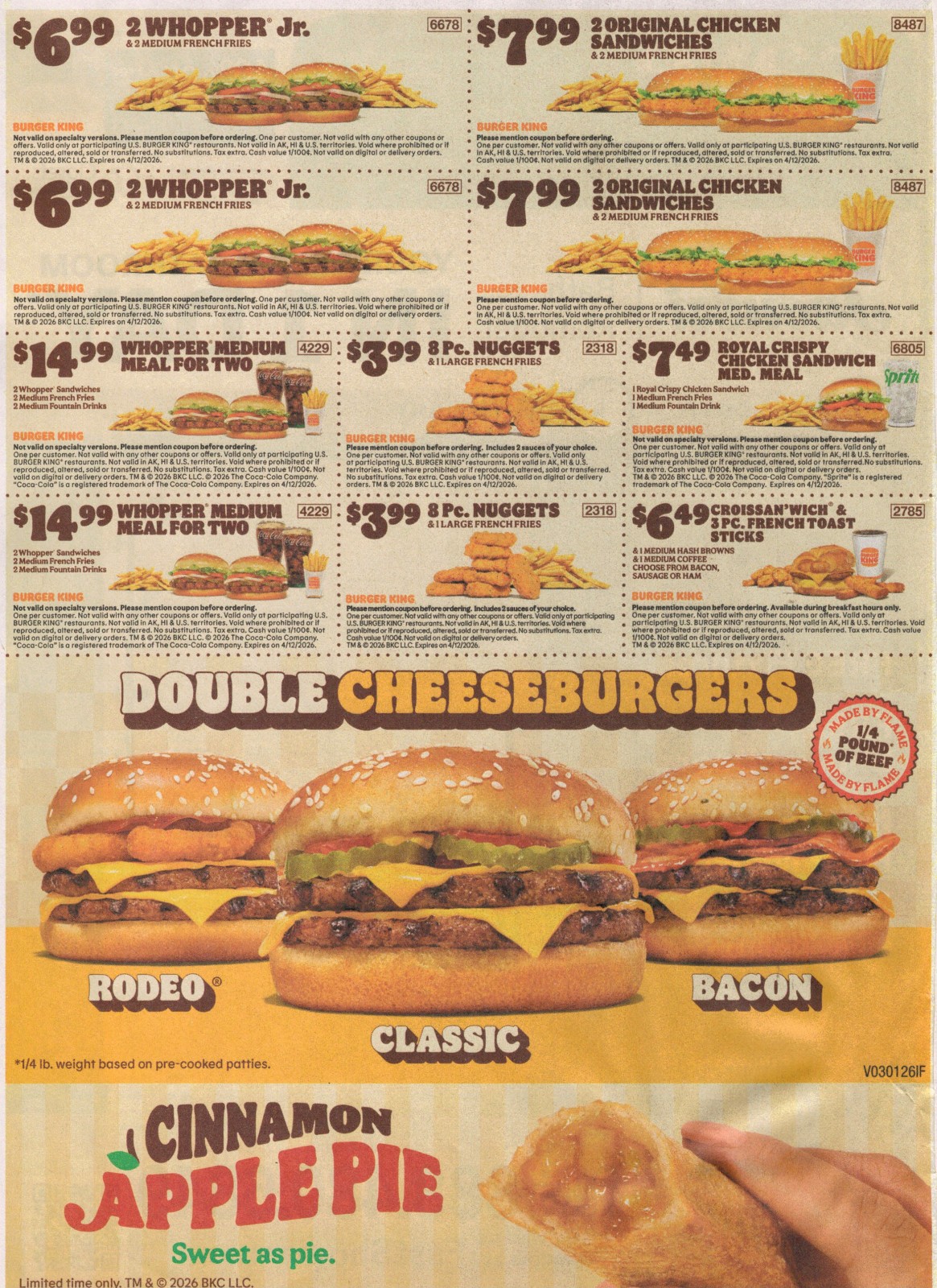 BURGER KING BK COUPON SHEET 4. 12. 26 NEW