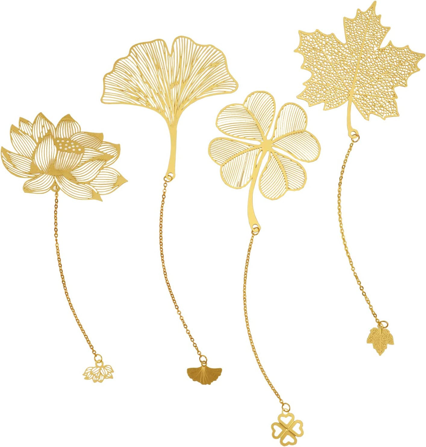 4 Pack Metal Bookmarks with Chain, Golden Hollow Bookmark Gift for Book Lovers, 