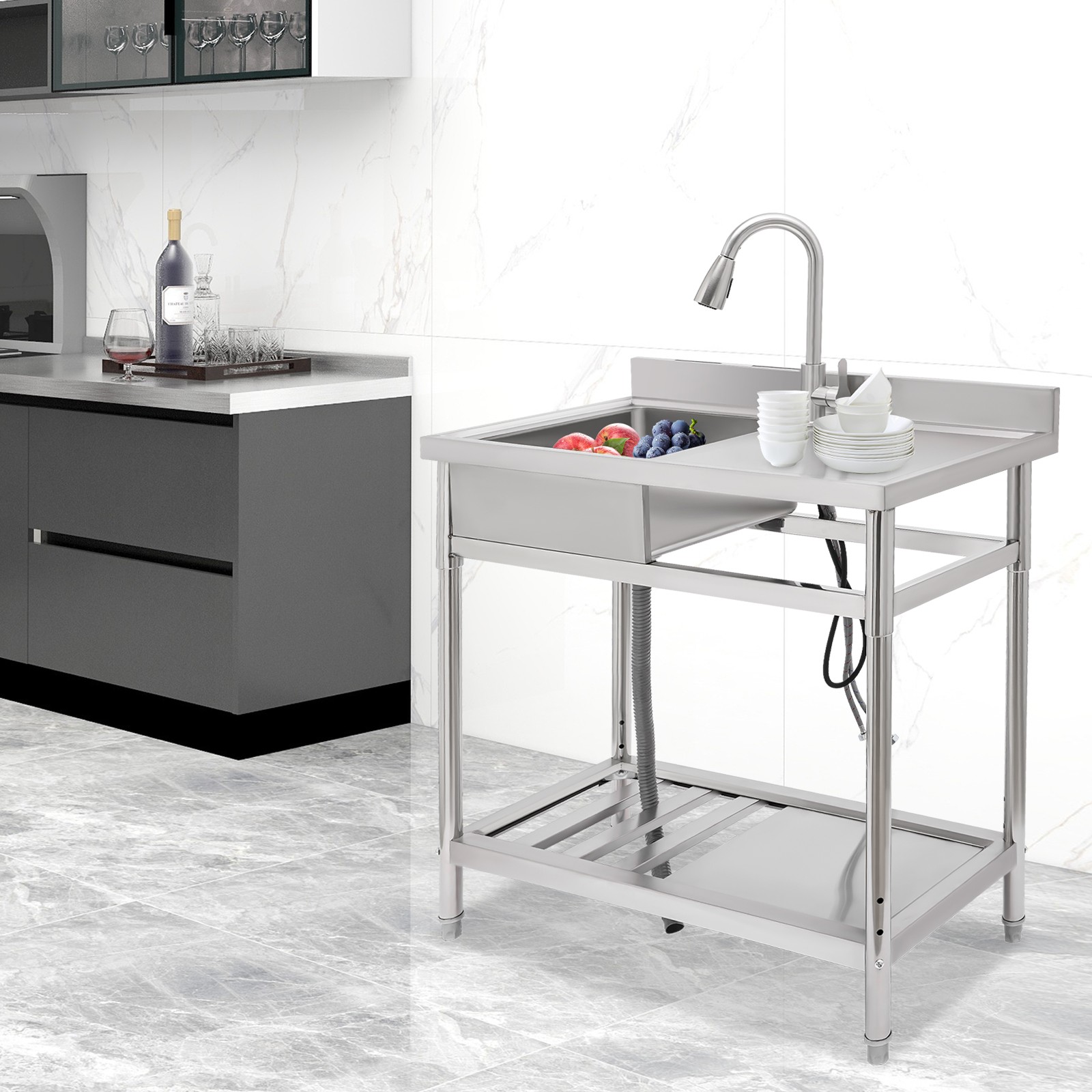 Stainless Steel Freestanding Kitchen Restaurant Sink Set with Workbench LeftBowl