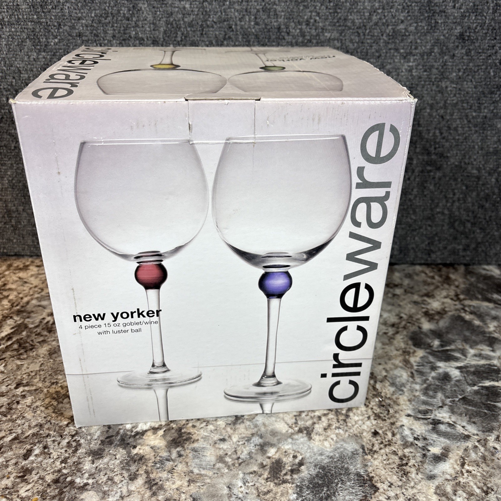Vtg~Circleware~New Yorker~3-Piece~15 oz Wine Goblets w/Luster Ball~NIB