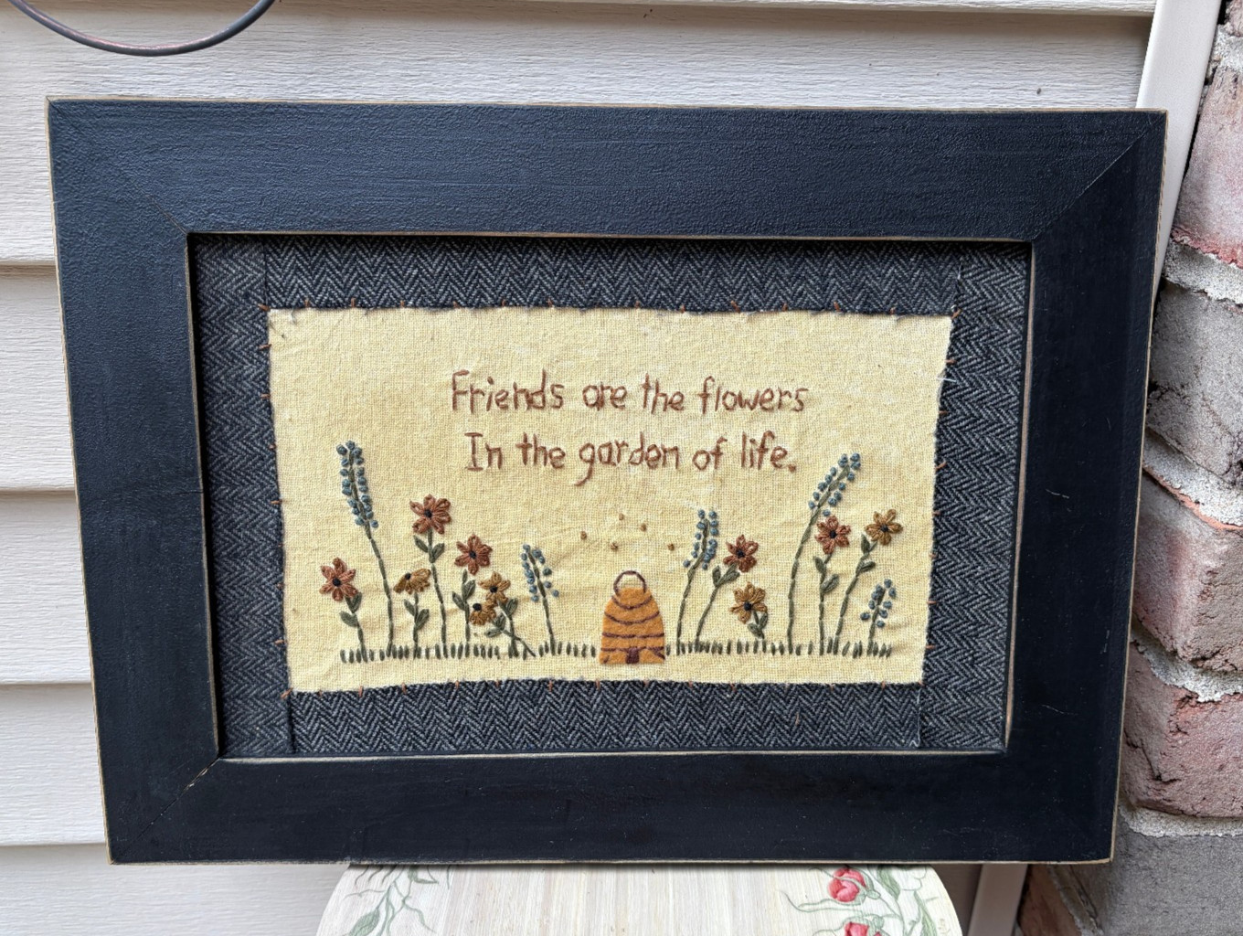 Framed Rustic Needlecraft Fabric Handmade Picture - Friends are the Flowers