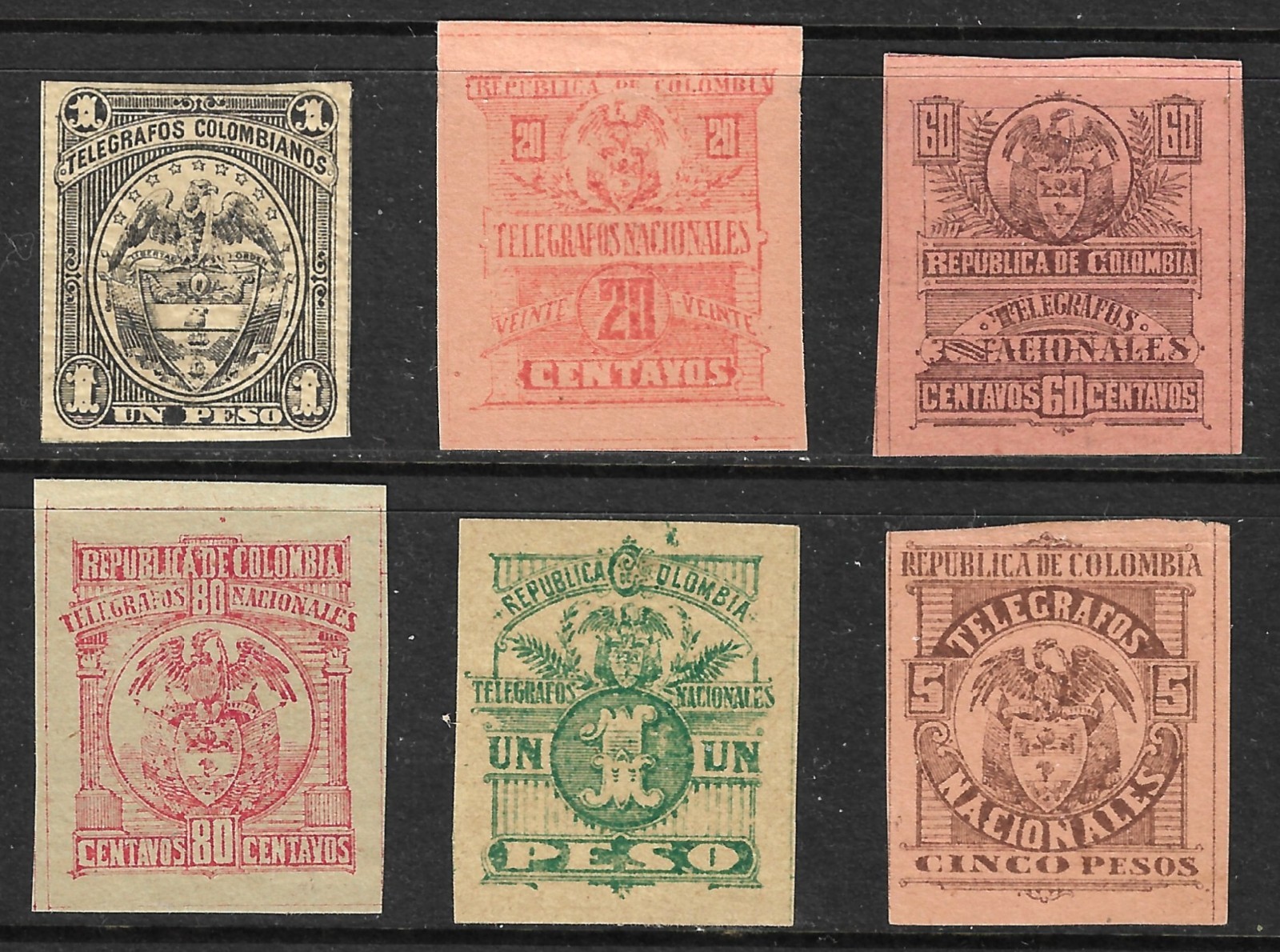 Colombia Telegraph Stamp Temprano 46, 56, 58, 59, 60, 62 VF Mint Hinged 1901-04
