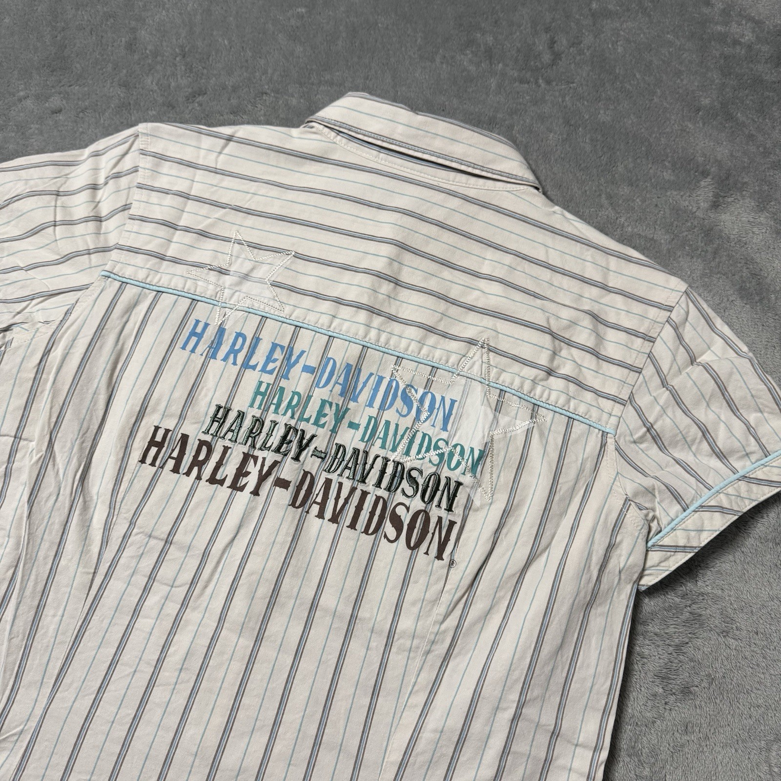 Harley Davidson Womens M Striped Short Sleeve Pearl Snap 2-Sided Shirt Blue