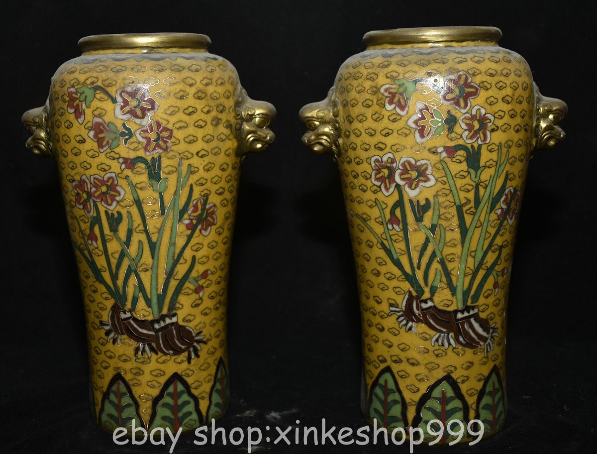 9" Marked Chinese Bronze Cloisonne Dynasty Flower Beast Head Vase Bottle Pair