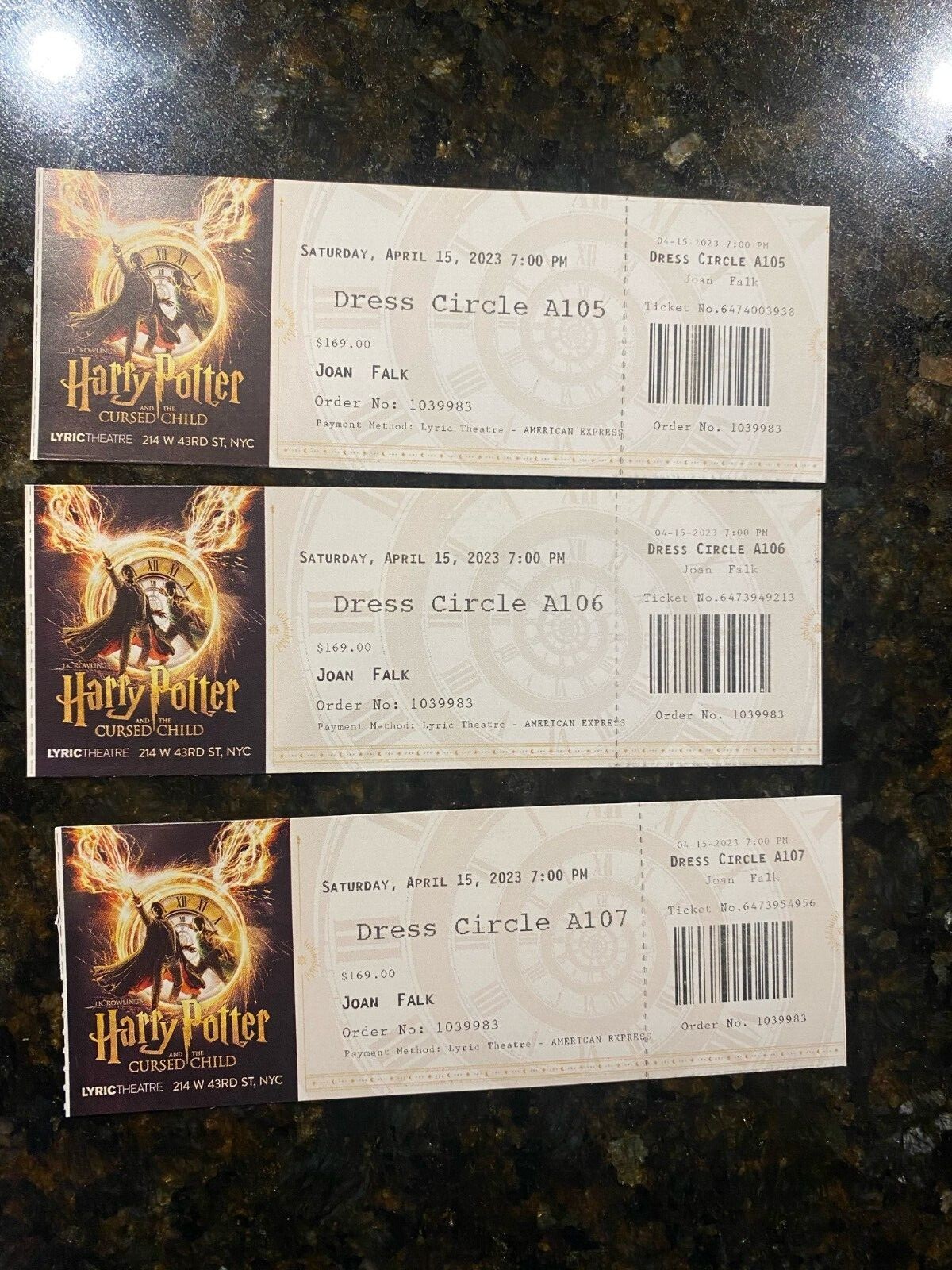 3 front row center dress circle seats Harry Potter and the Cursed Child Broadway