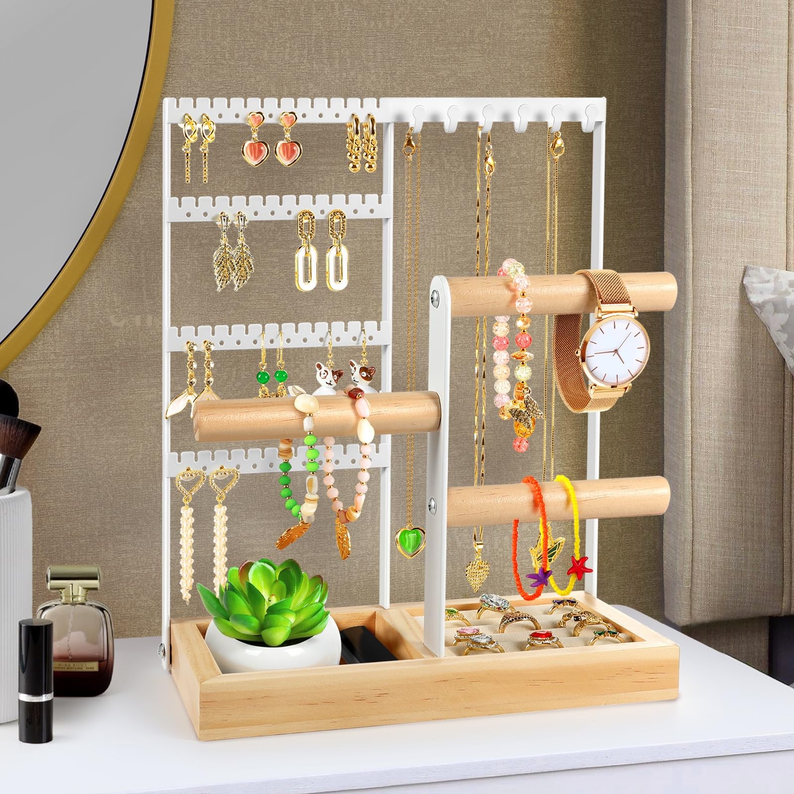 Jewelry Organizer, 4-Tier Earring Holder Organizer with 48 Holes, 6 Hooks Nec...