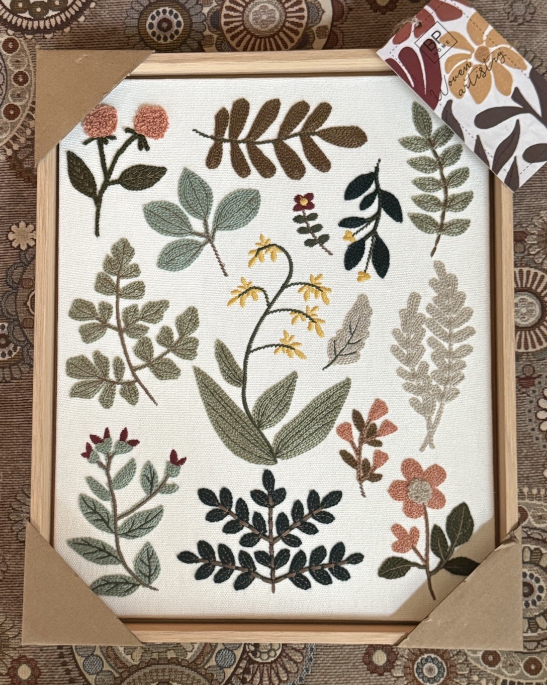 New BP Home Textile Embroidery Woven Wall Art Botanical Floral Leaf 12”x15”