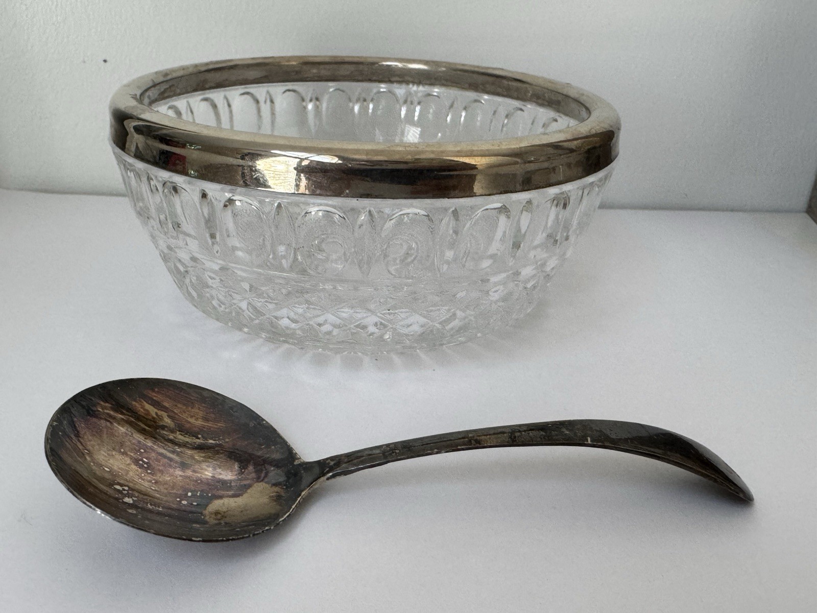 Vintage Intl Silver Co Silver Plate Rim Crystal Bowl & Spoon From England
