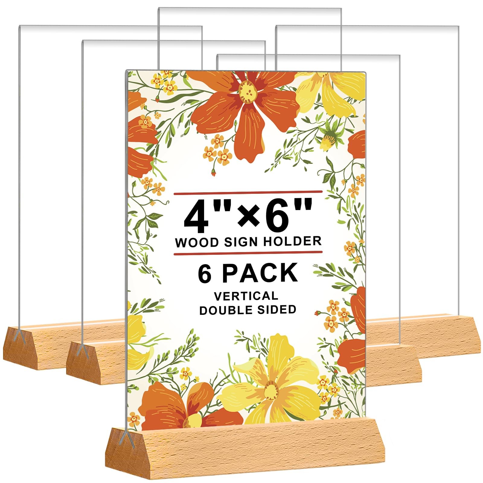 4x6 Acrylic Sign Holder w/ Wood Base - Double Sided Table Number Display Stand
