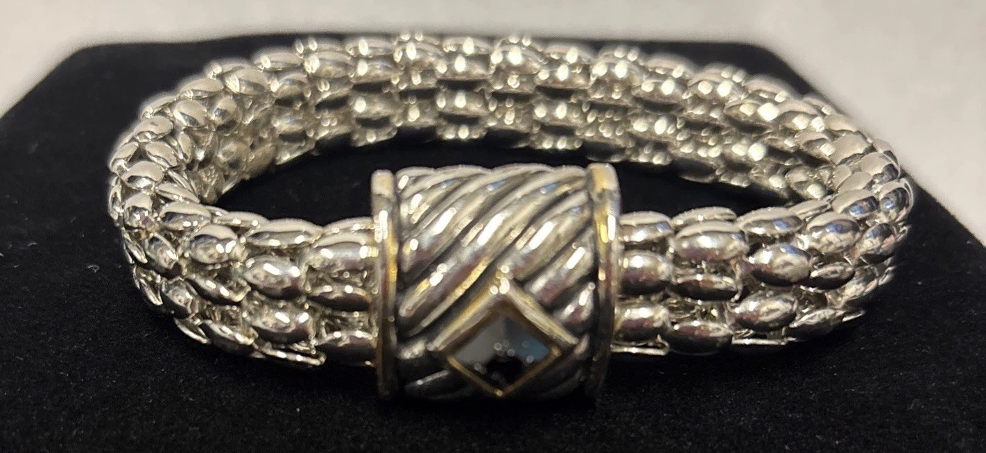 Chunky Mesh Chain Bracelet, Elegant Flexible Liquid Silver Cuff, Magnetic Clasp