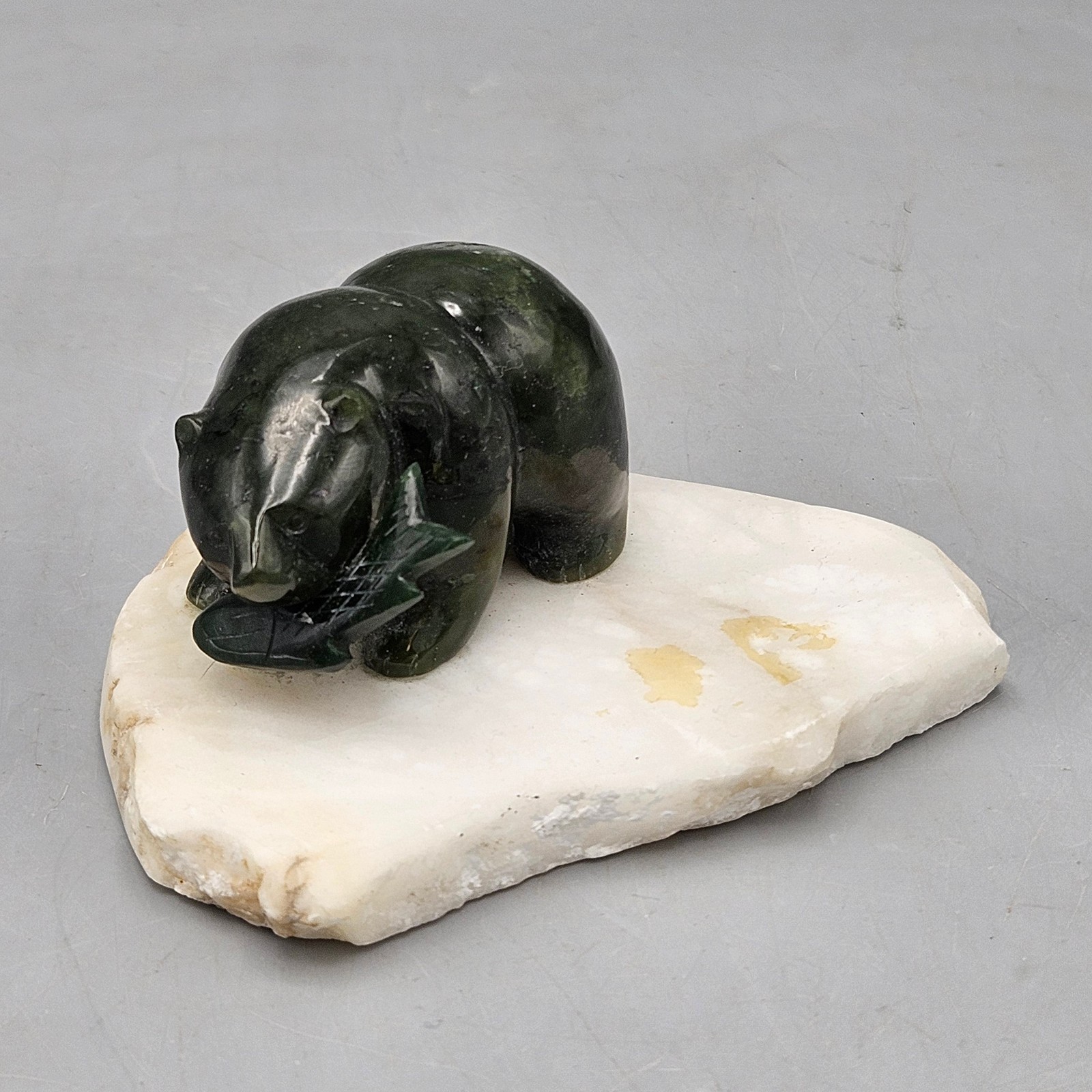 Vintage Canadian or Alaskan Carved Nephrite Jade Bear Sculpture with a Fish