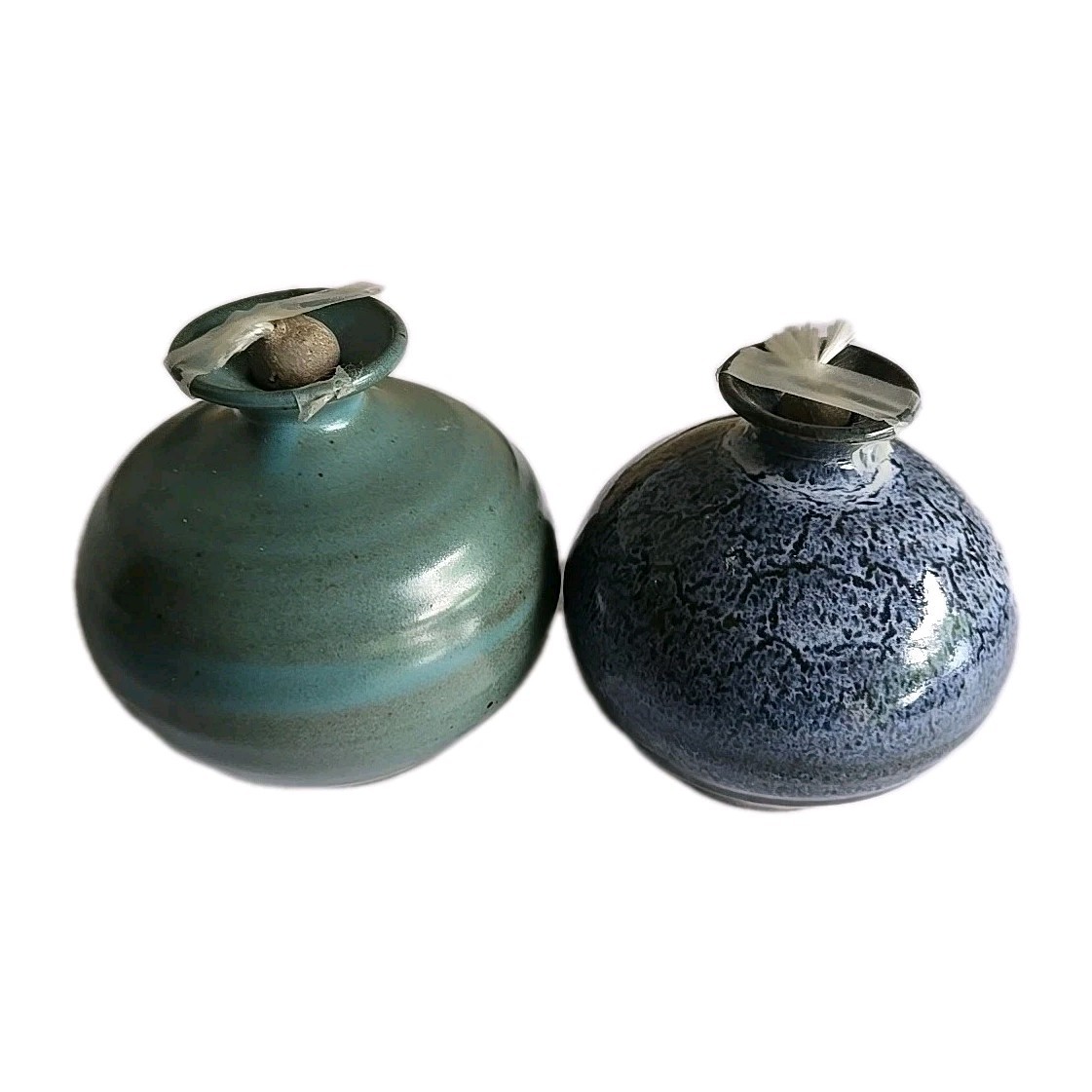 Pair Handmade Art Pottery Oil Lamps 4" Alewine Gatlinburg TN Signed Blue Green
