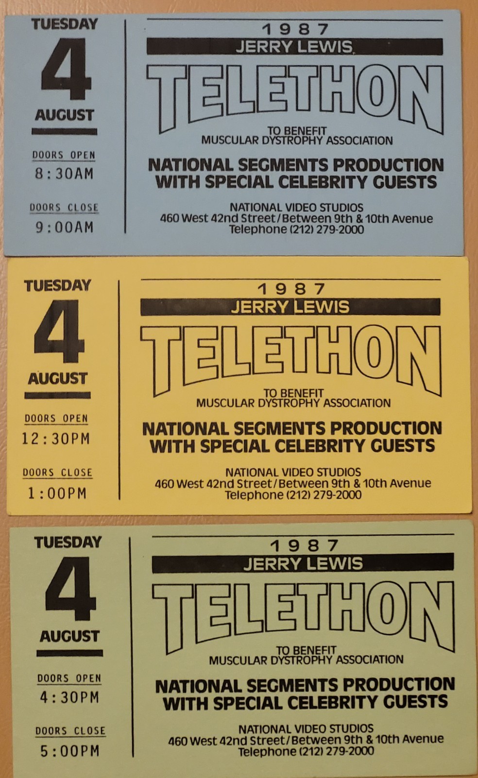 3 VINTAGE TICKETS TO ATTEND THE 1987 JERRY LEWIS TELETHON CELEBRITY TAPING ,RARE