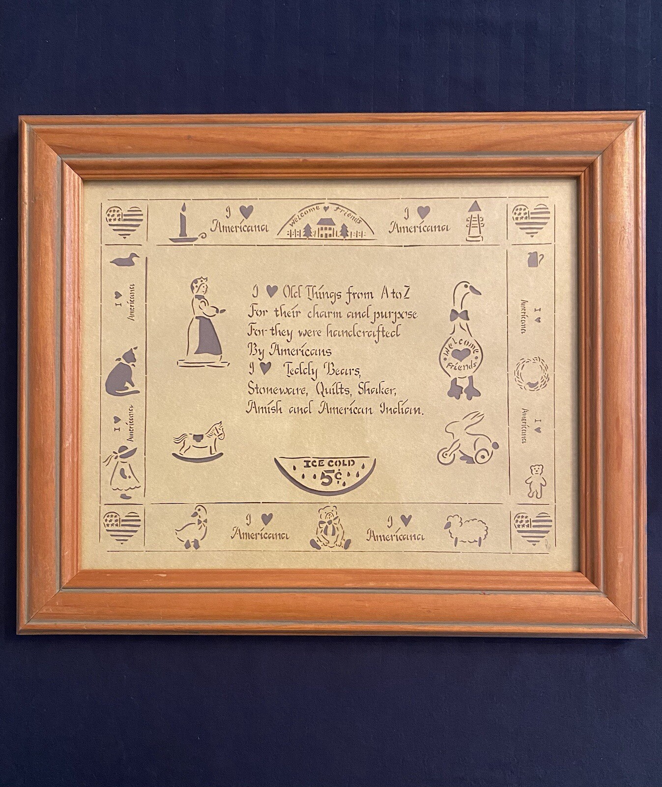 Vintage Patriotic I Love Americana Folk Wall Art Framed Scissor Cut 12”x10” USA