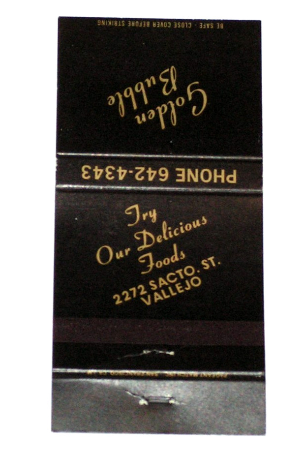 Vintage Golden Bubble Restaurant Matchbook Cover Vallejo California CA