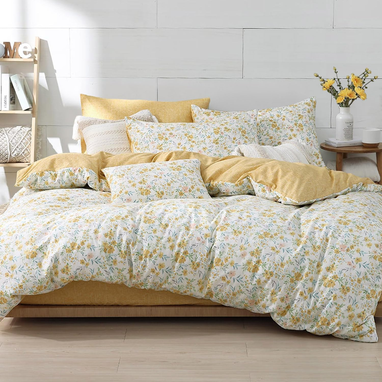 Natural Cotton 3Pcs Floral Comforter Sets Queen Size-Yellow Comforter with Pink 