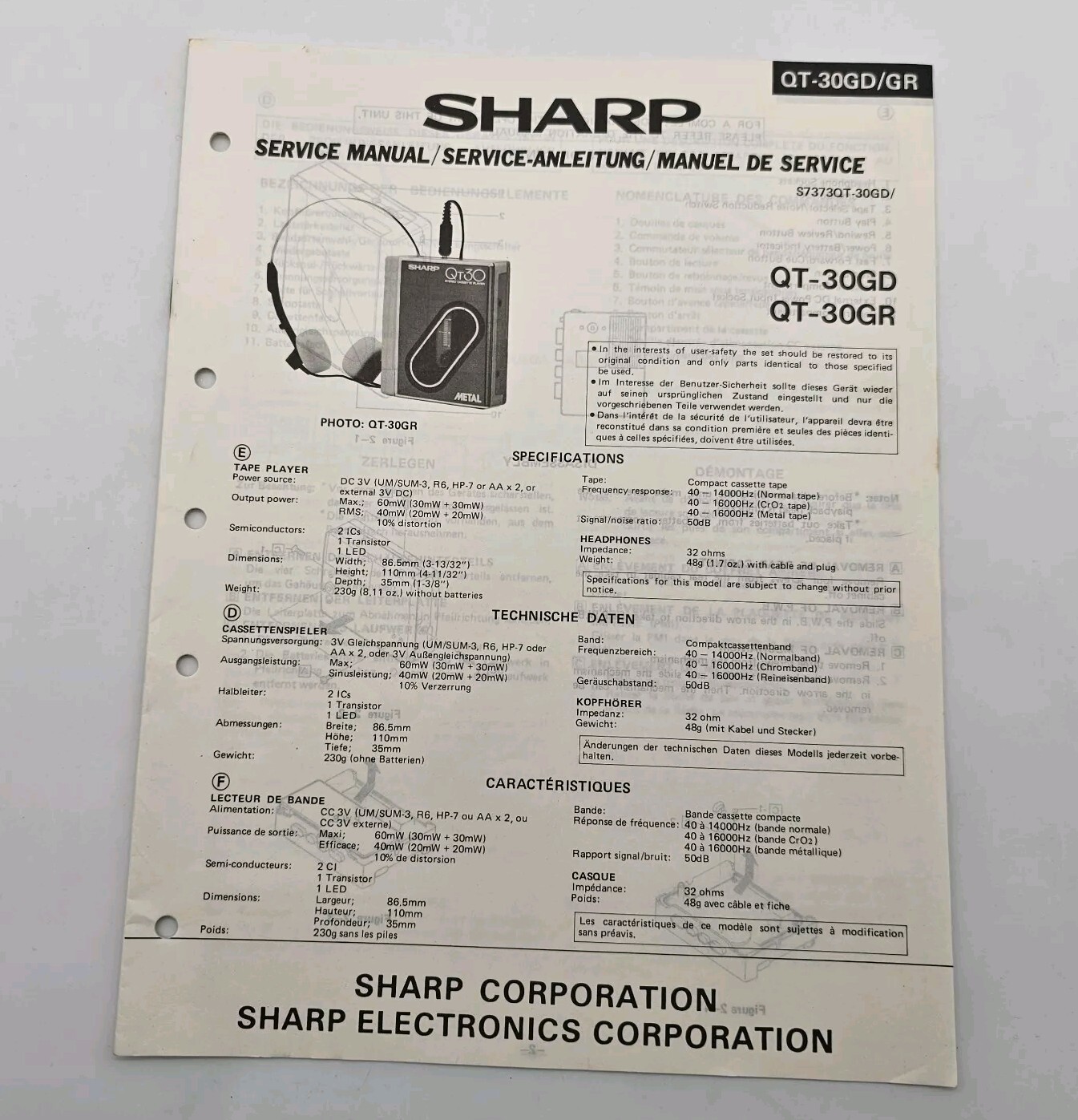 OEM Sharp QT-30GD QT-30GR Portable Cassette Recorder Service Manual Vintage