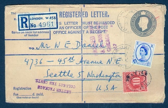 UK 1954 KGVI REG ENV w/10c DUE TO USA