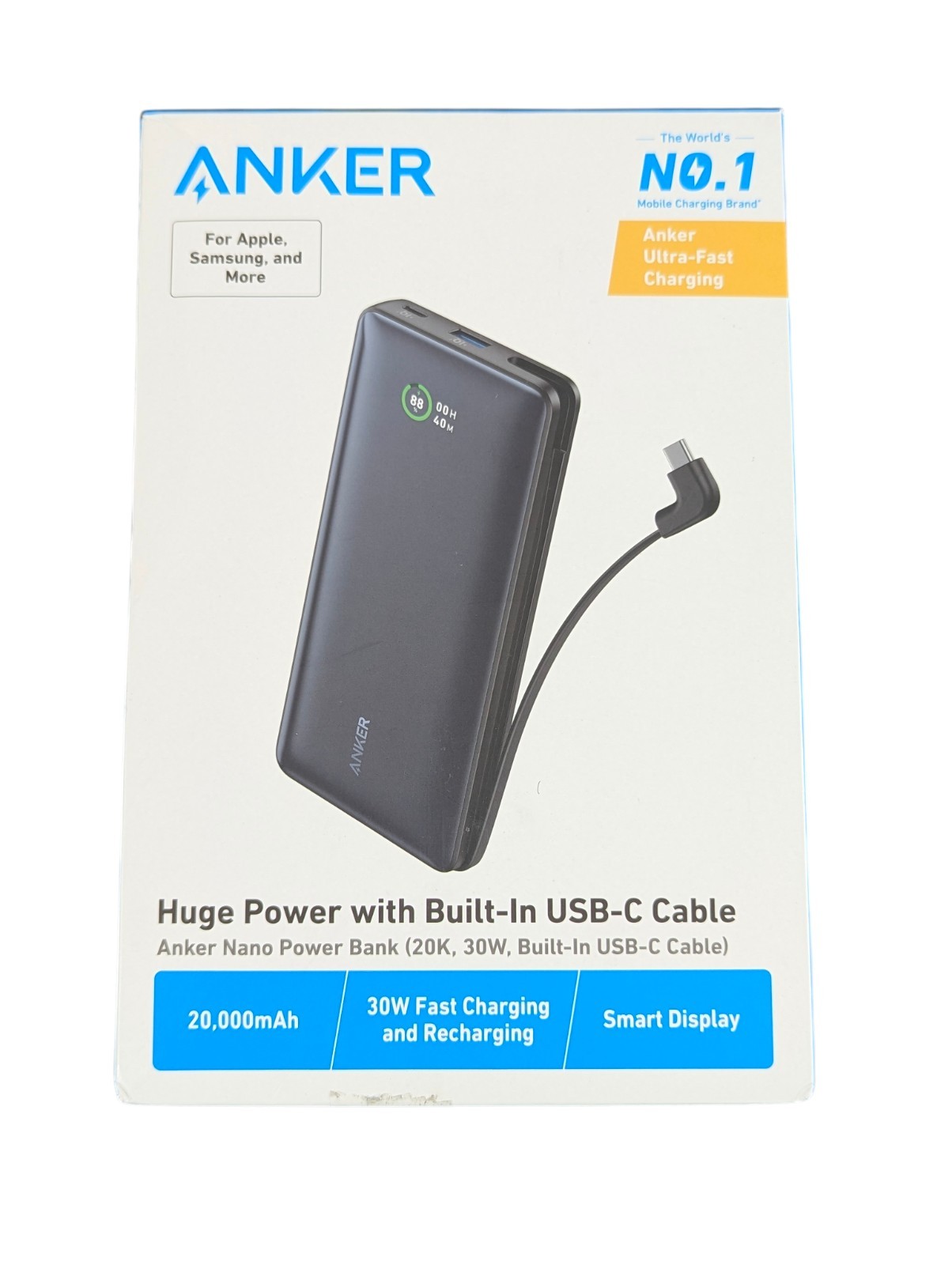 Cc3U Anker - Nano Power Bank (20,000mAh, 30W PD w/ built in USB-C Cable) Black