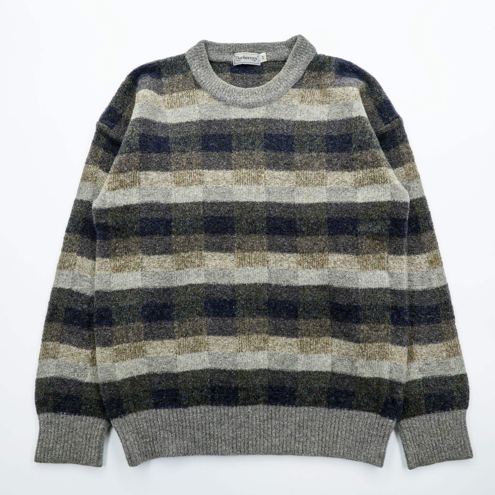Vintage 90s Burberrys Crew Neck Knit Sweater Block Check Plaid Grey Navy Mens LY