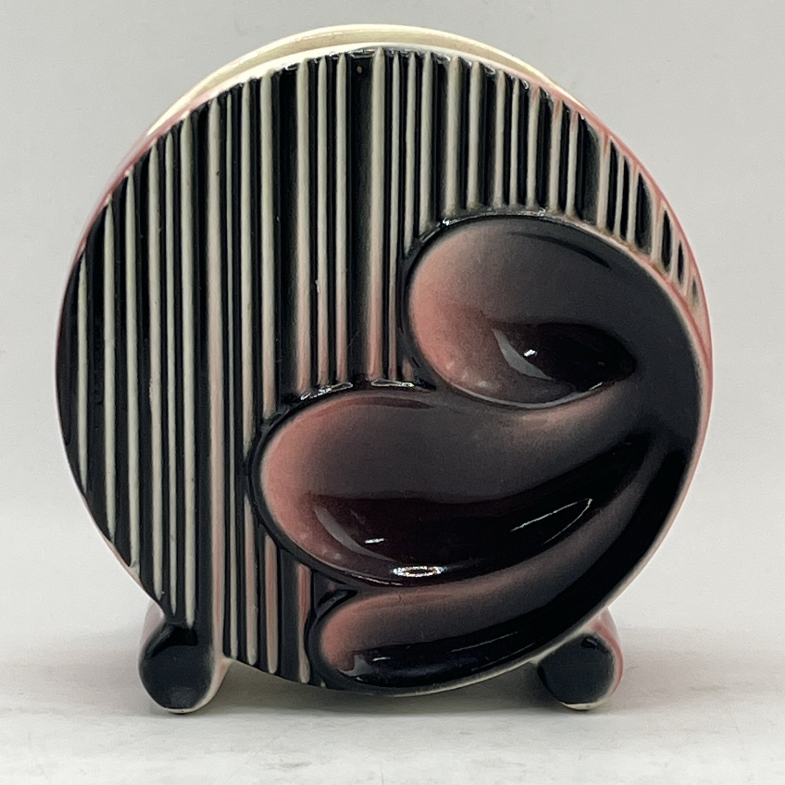 RARE 4-3/4" Round Vintage Art Deco Royal Copley Riddle Vase Black & Pink Footed