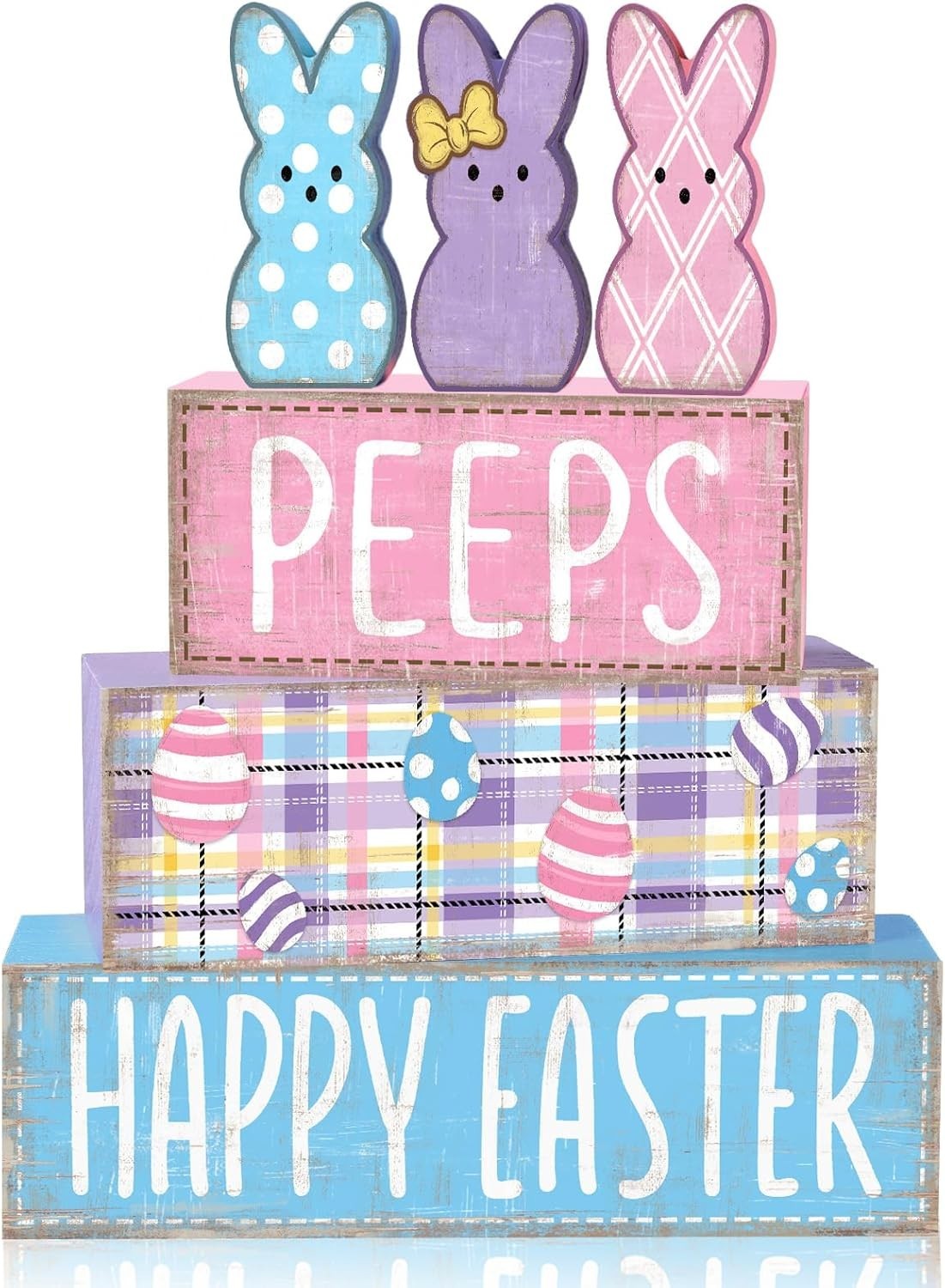6Pcs Easter Tabletop Decorations Colorful Bunny Wooden Block Signs Gift