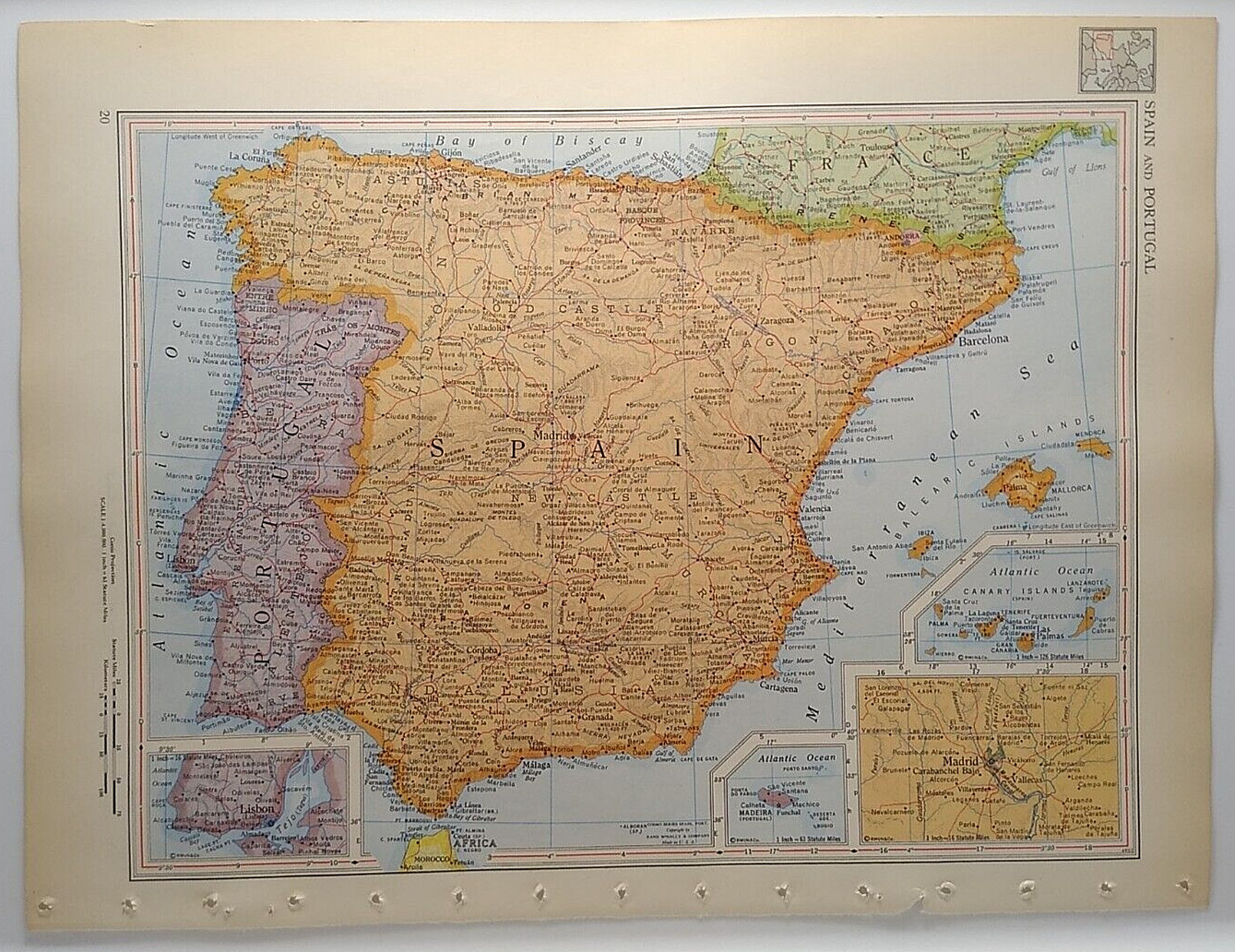 1957 Antique SPAIN & PORTUGAL Atlas Map - Encyclopedia Britannica World Atlas