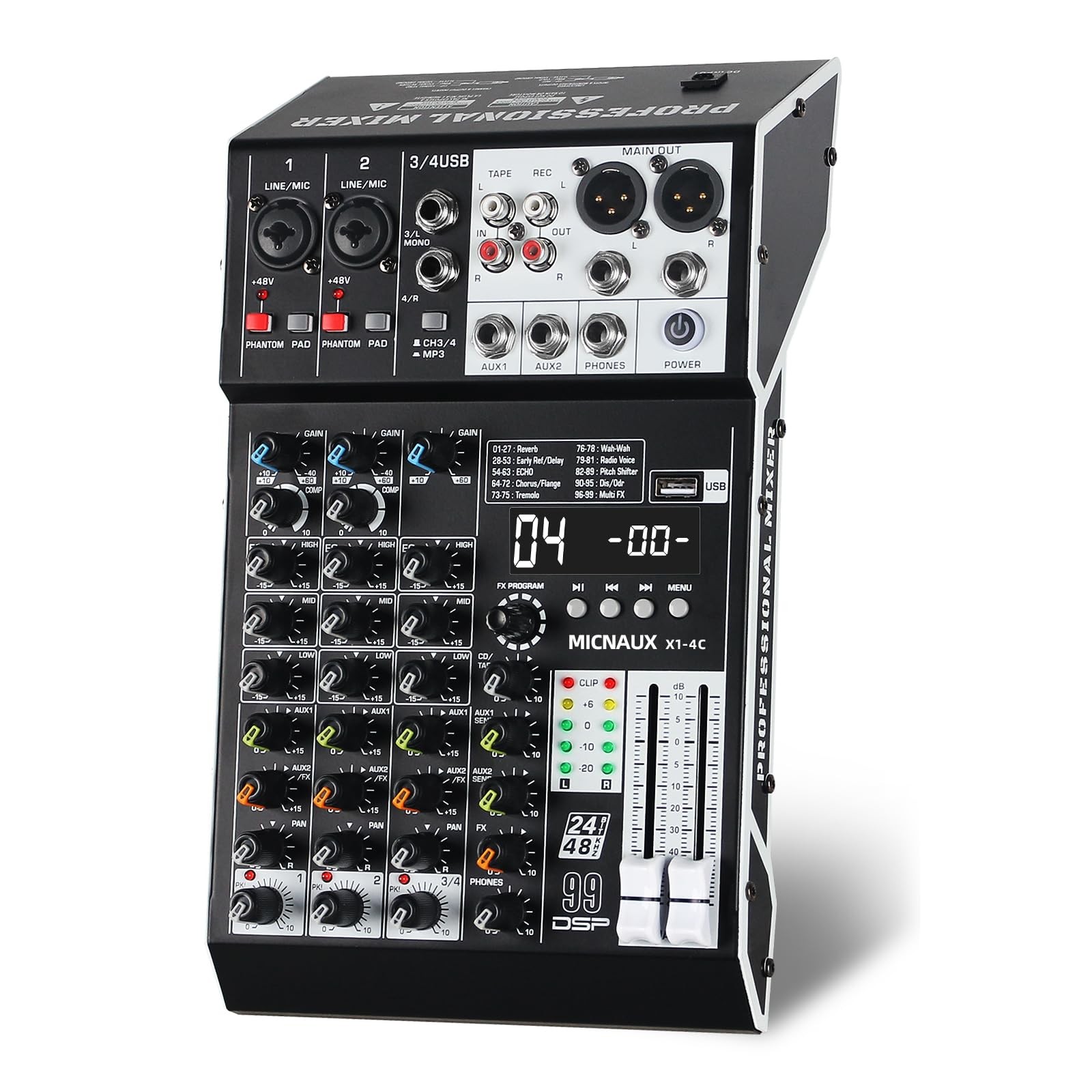 Audio Mixer 4 Channel Professional Sound Mixer Console with 99 DSP Effects, S...