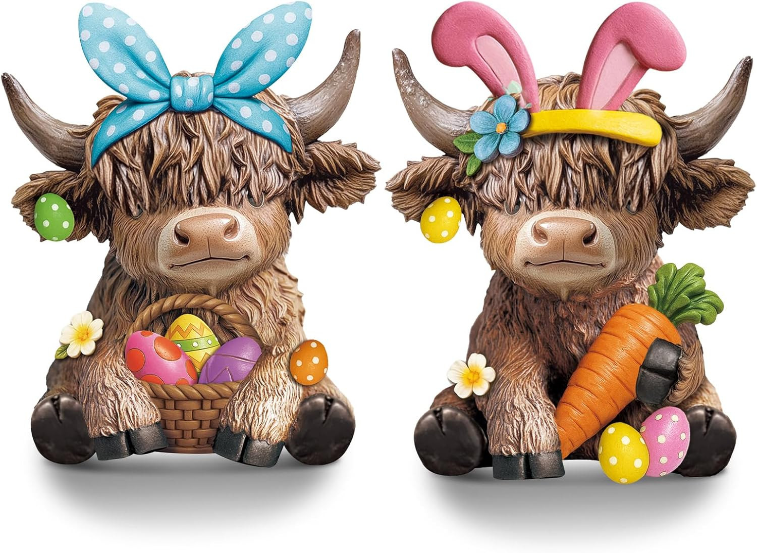 2 Pcs Easter Highland Cow Figurines Bunny Eggs Basket Highland Cow Gnomes Pink R