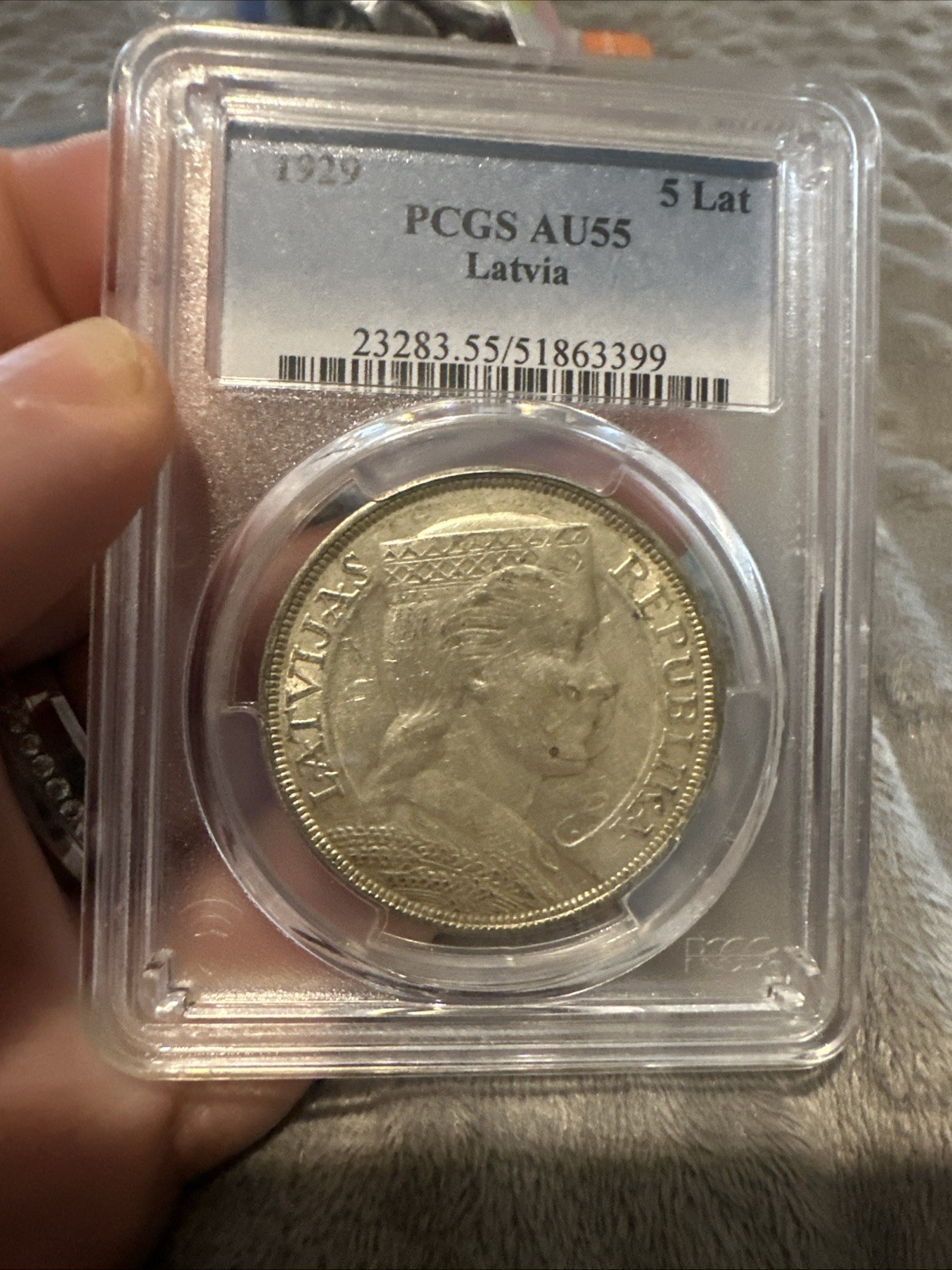 1929 Latvia 5 Lati AU55 PCGS First Year Silver Coin