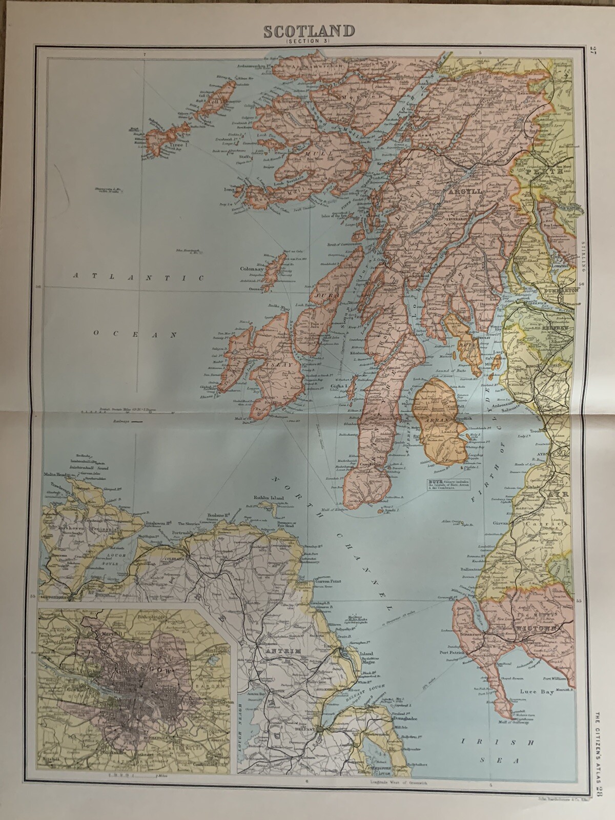 1898 SOUTH WEST SCOTLAND ANTIQUE COLOUR MAP BY BARTHOLOMEW 122 YEARS OLD