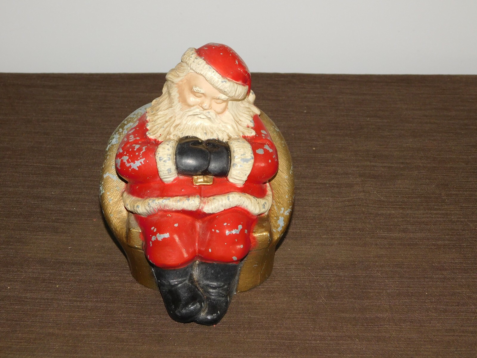 VINTAGE 6 1/2" HIGH SCHENECTADY NY SAVINGS  SLEEPING SANTA CLAUS METAL BANK