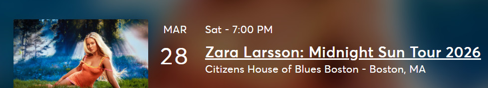 Zara Larsson Midnight Sun Concert Pit Tickets for March 28th Boston 