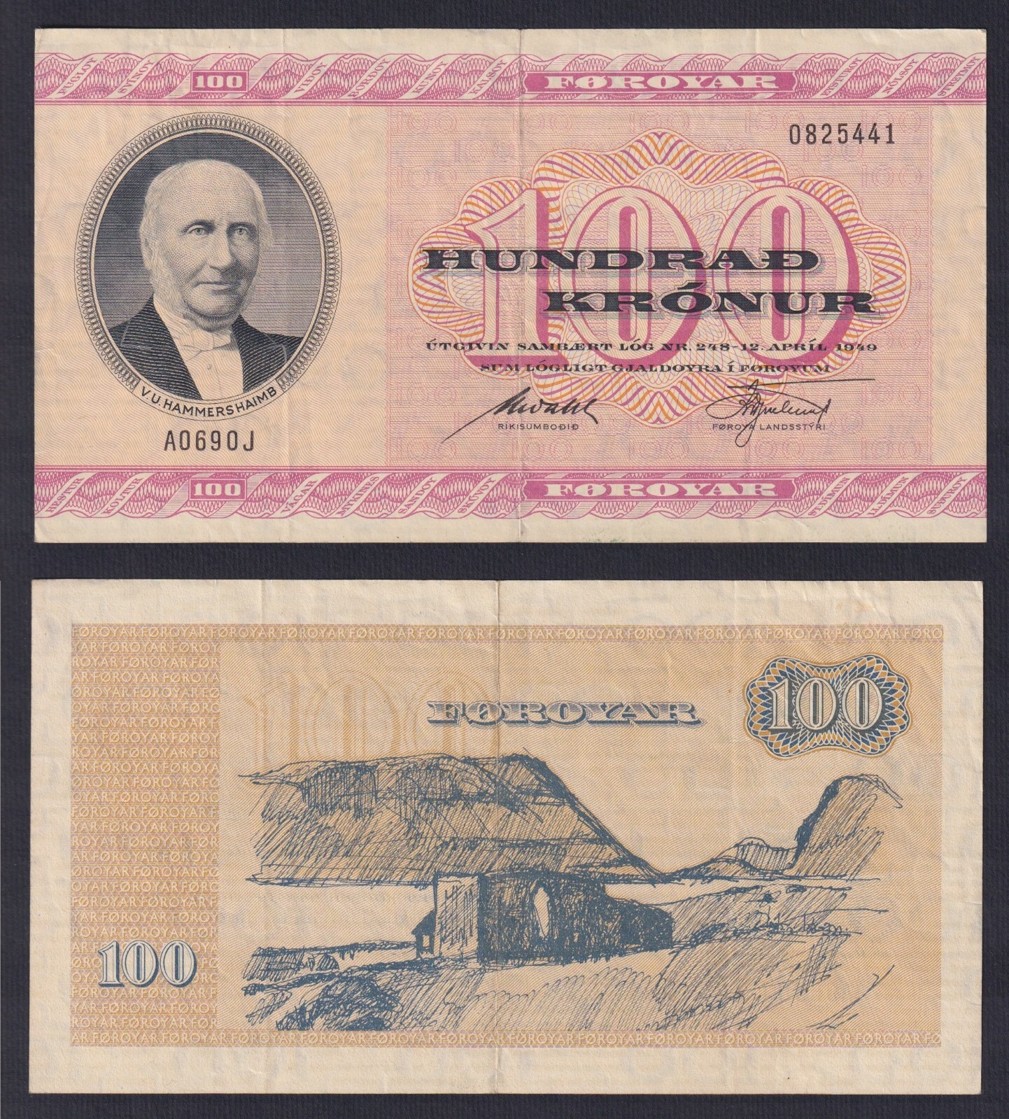 Banknote Faroe Islands 100 Kronur 1949 (1969) P.-17r3 Substitute Series BB/VF