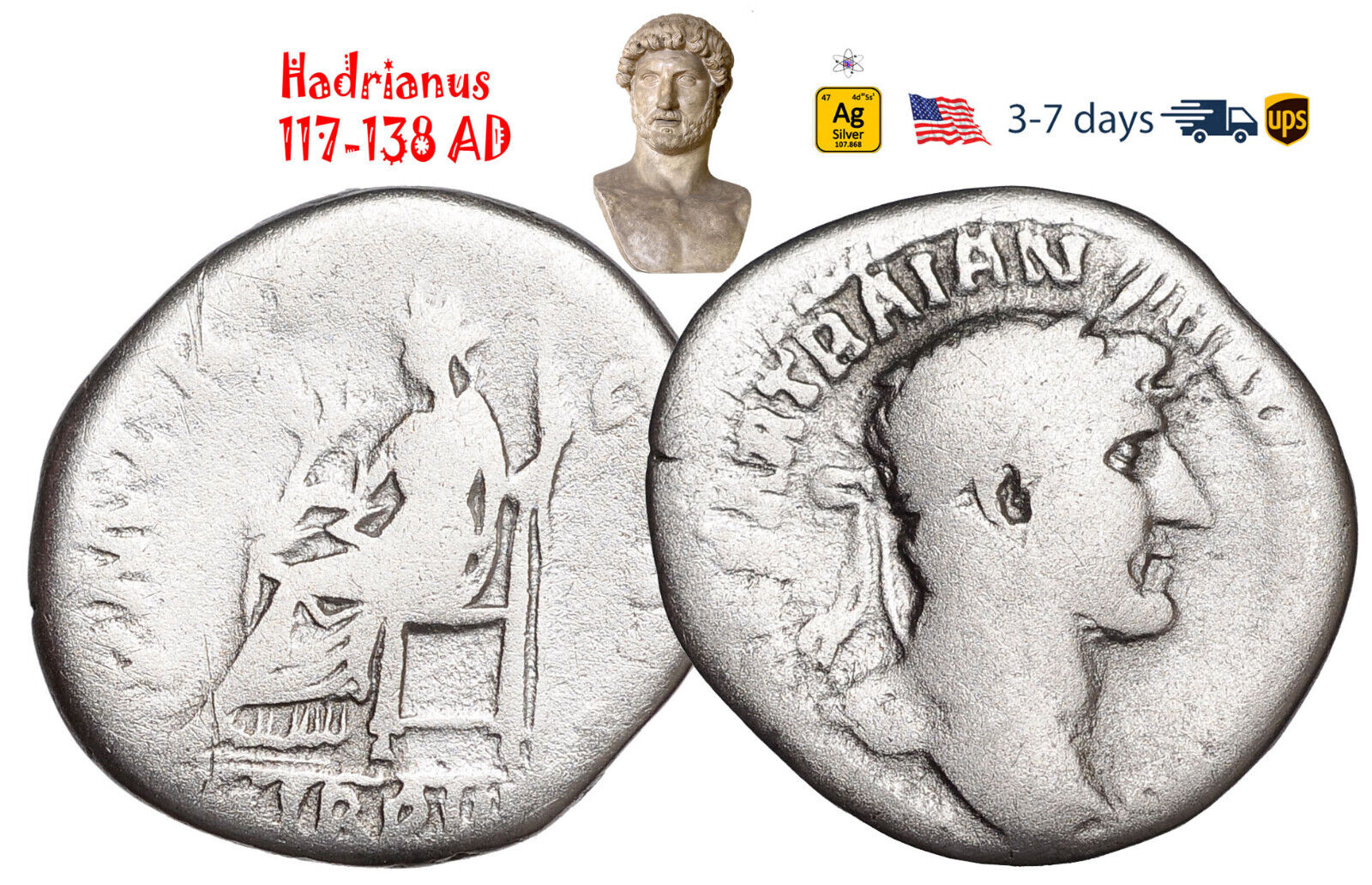 Ancient Roman Empire Coin Silver Denarius Hadrian 117 - 138 AD Authentic #32227