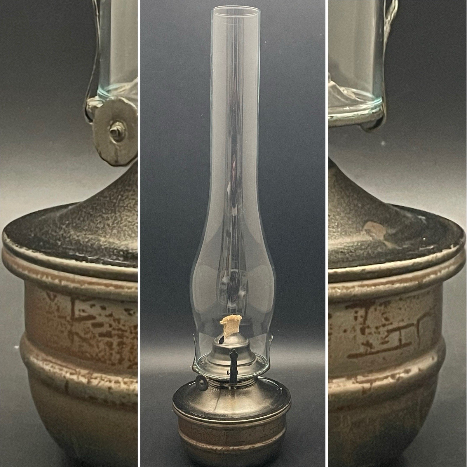 Lamplight Farms 17" Silver Metal Hurricane Oil Lamp w/Extra Tall Chimney c1960s